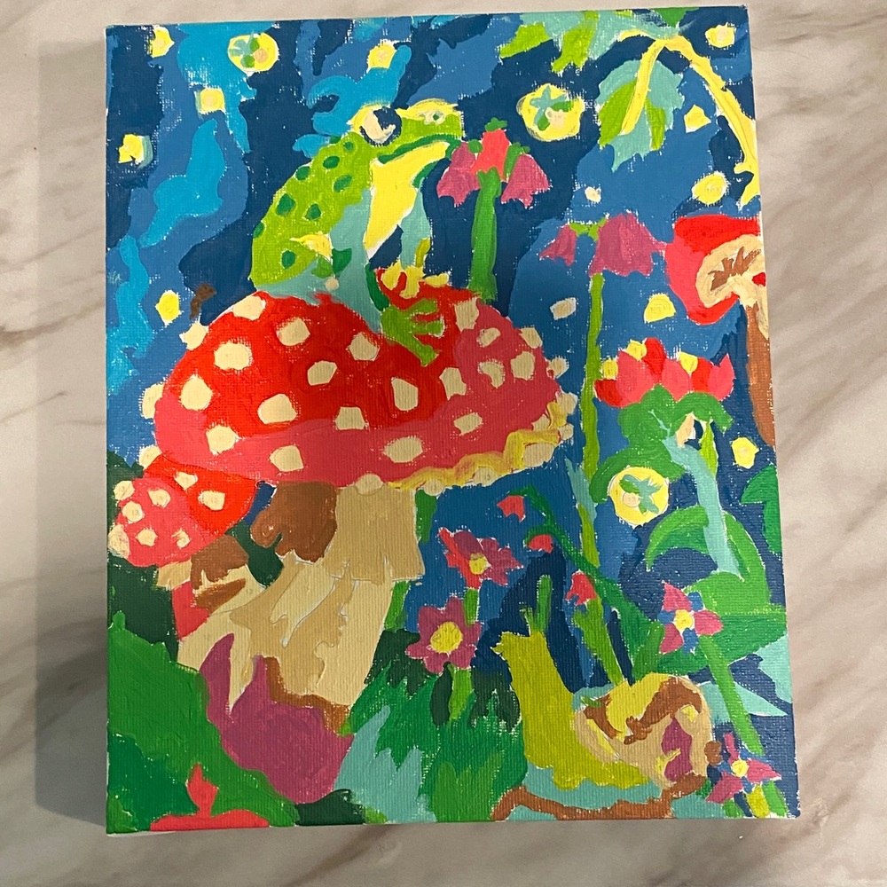Colorful Frog and Mushroom Canvas Art